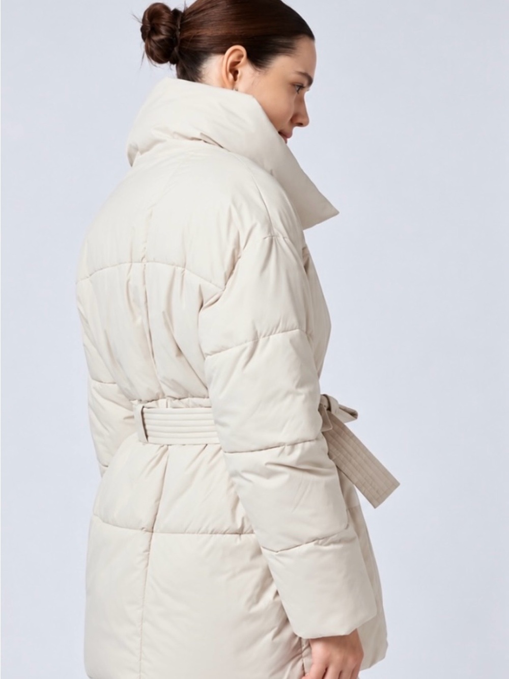 Women's Cream Belted Puffer Coat - Picture 2 of 6